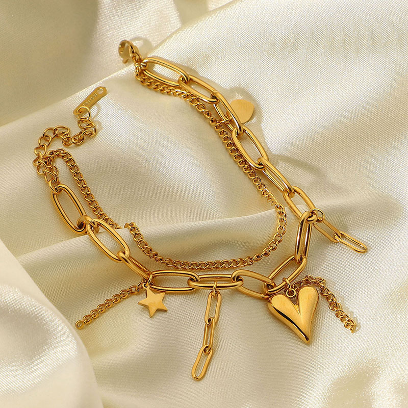 Fashion Stainless Steel Gold Three-dimensional Love Star Pendant Double-layer Bracelet Supplier