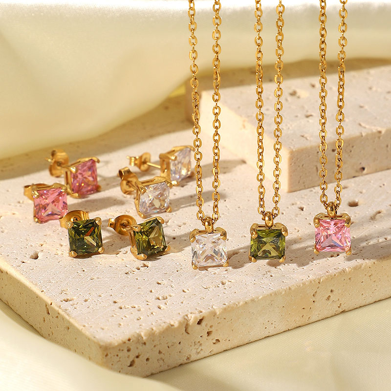 Necklace Gold Stainless Steel Square Zircon Pendant Fashion Women Supplier