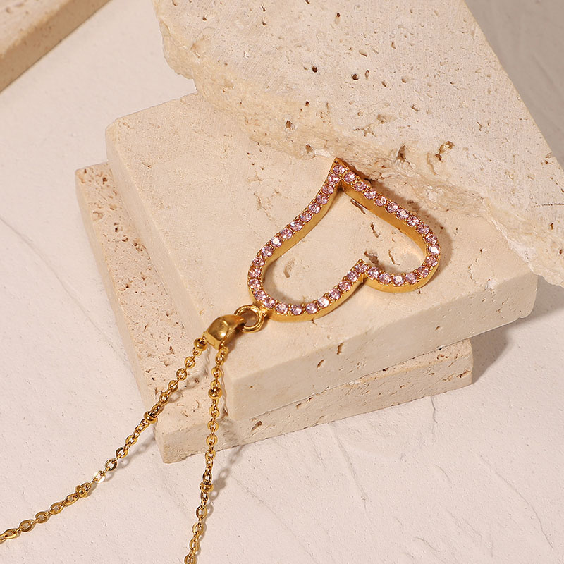 Stainless Steel Irregular Hollow Love Pink Zircon Pendant Necklace Supplier