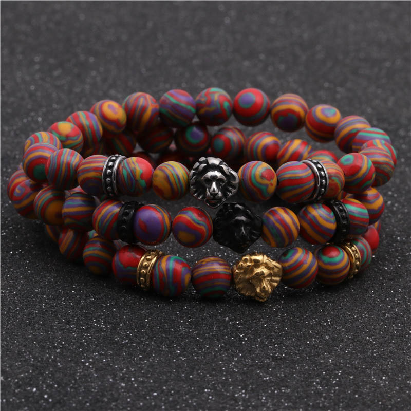 Wholesale Jewelry Stainless Steel Lion Head Bracelet Color Malachite Beads Vendors