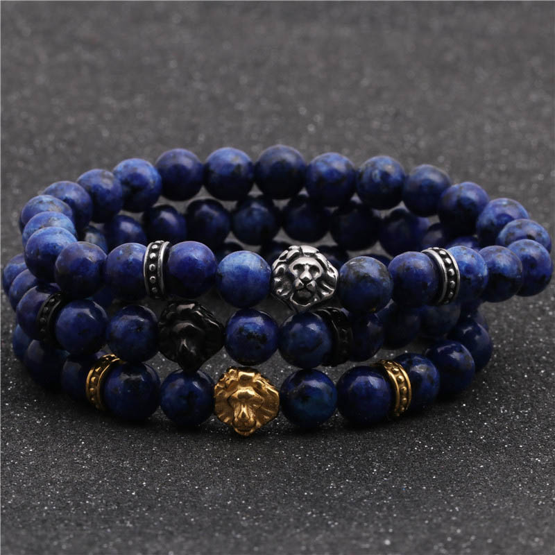 Wholesale Jewelry Stainless Steel Lion Head Bracelet Blue Stone Beaded Men Vendors
