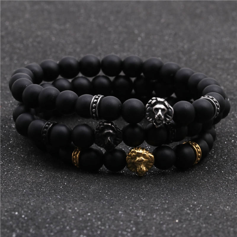 Wholesale Jewelry Stainless Steel Lion Head Bracelet Black Frosted Stone Beads Vendors