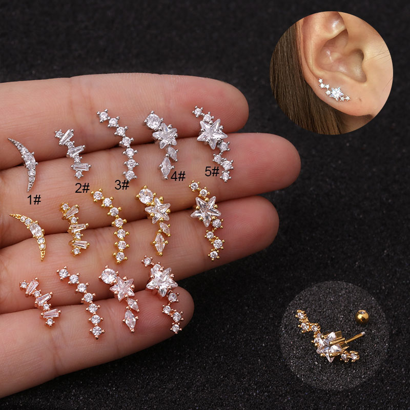 Wholesale Pierced Stainless Steel Thin Rod Ear Bone Nail With Five-pointed Star Zircon Vendors