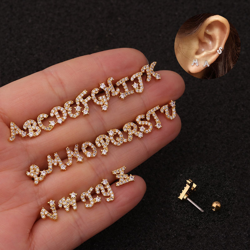 Product English Alphabet Earrings Micro-inlaid Zircon Screw Female Stainless Steel Manufacturer