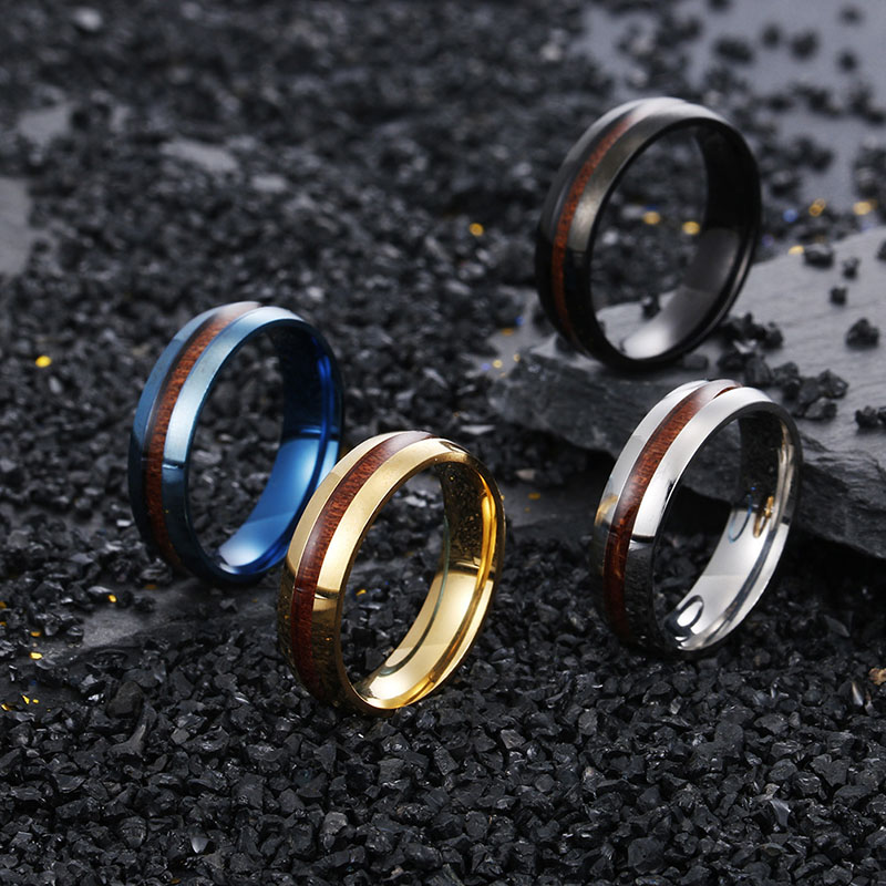 Wholesale 6mm Wide Inner And Outer Arc Inlaid Acacia Wood Ring Stainless Steel Jewelry