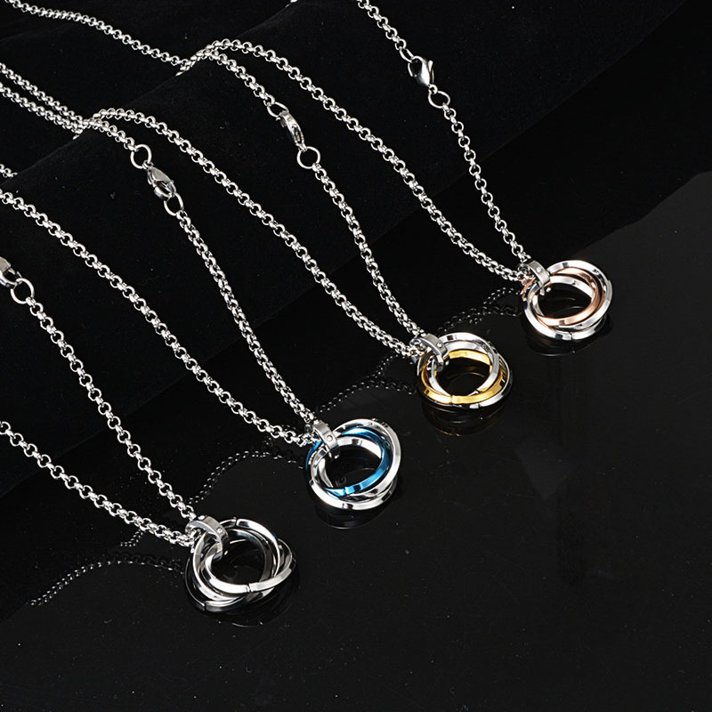 Wholesale Stainless Steel Titanium Three Rings Interlocked With Diamonds Couple Necklace