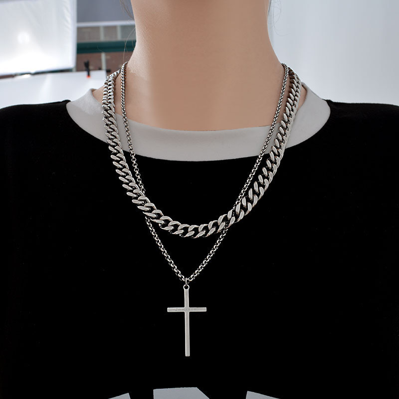 Double Combination Stacked With Titanium Steel Cuba Thick Necklace Cross Pendant Distributor