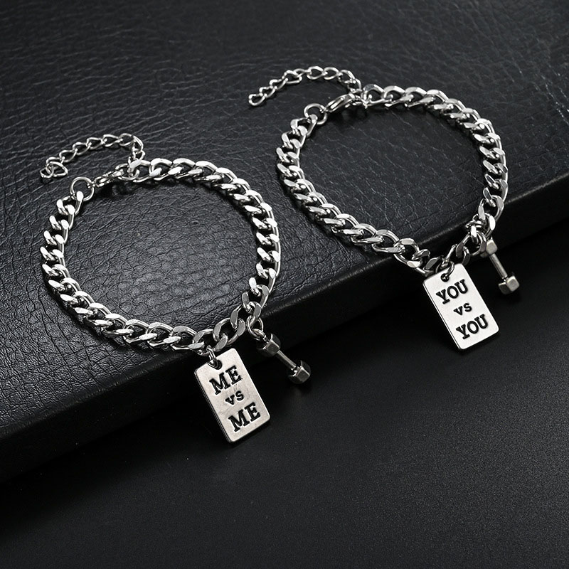 Fashion Hip-hop Men's Bracelet Sports Fitness Small Dumbbell Titanium Steel Letters Tag Bracelet Distributor