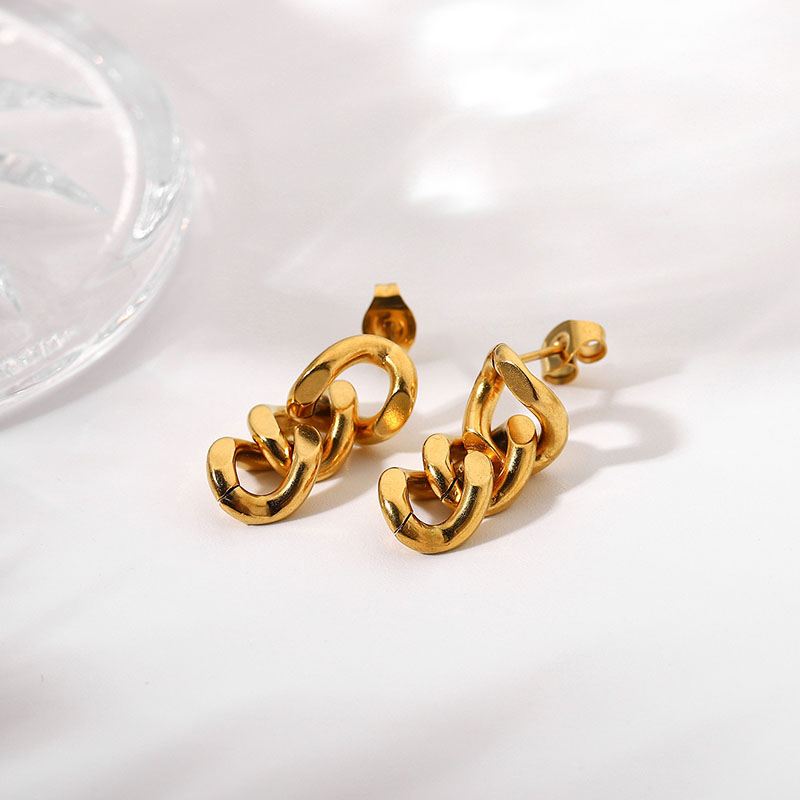 Simple Stainless Steel Women's 18k Gold-plated Geometric Side Dangle Chain Drop Earrings Distributor