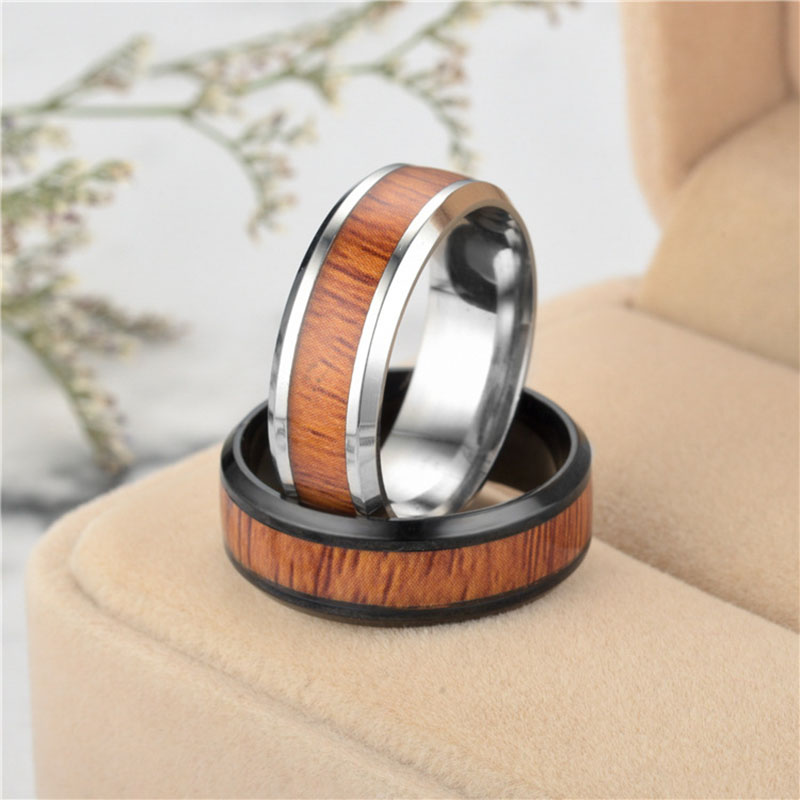 Wholesale Style Stainless Steel Wood Grain Inlaid Ring Titanium Steel Jewelry Vendors
