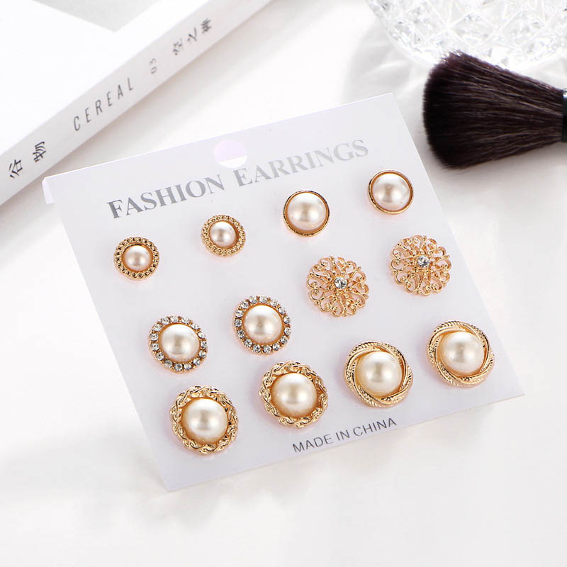 Wholesale Retro 6-piece Set Of Faux Pearl Earrings Inlaid With Rhinestones And Flowers
