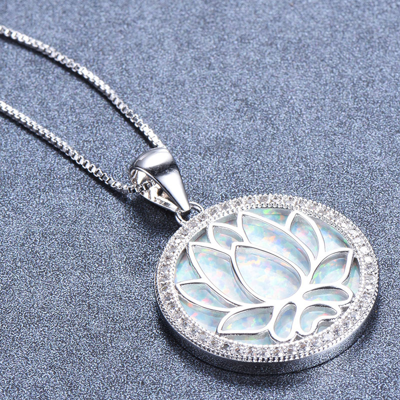 Wholesale S925 Necklace Round Opal Openwork Lotus Flower Pendant