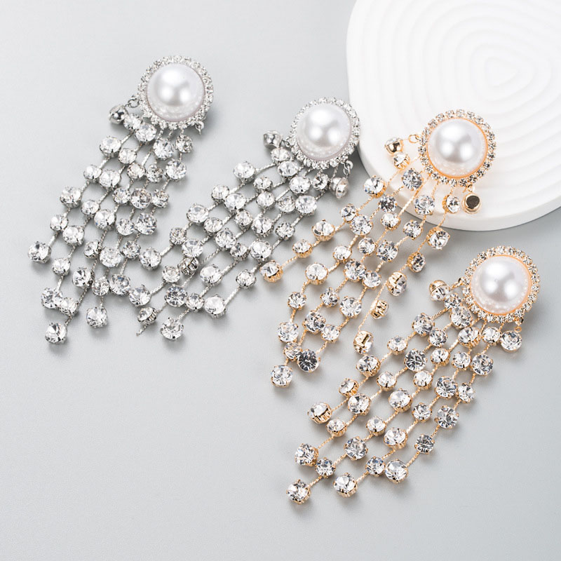 Wholesale Personalized Exaggerated Design Large Pearl Long Tassel Rhinestone Earrings Vendors