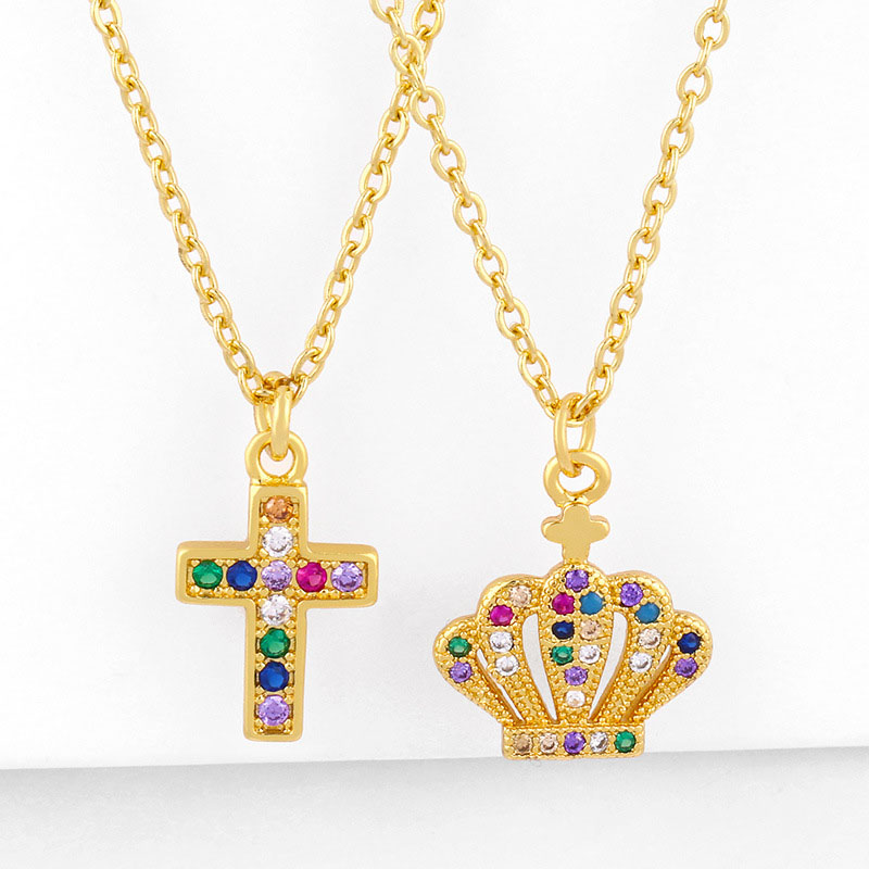 Wholesale Classic Cross Micro-encrusted Color Zirconia Cross Crown Necklace