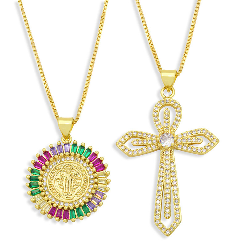 Wholesale Personalized Cross Pendant Necklace Colorful Zirconia Madonna Round