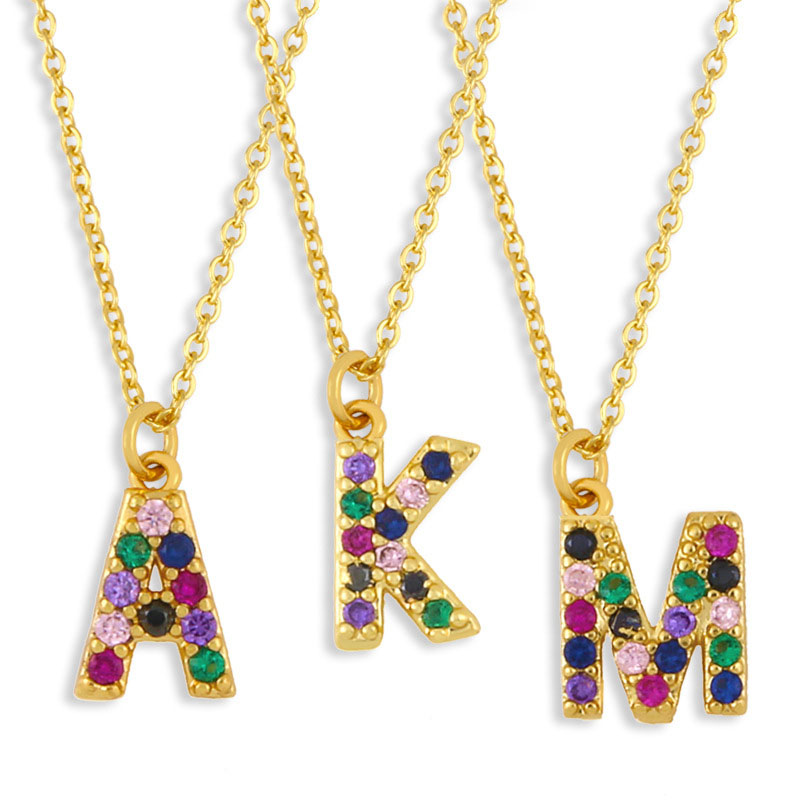 Wholesale Collarbone Chain Micro-encrusted Colored Zirconia 26 Letters Necklace Couple Necklace Women