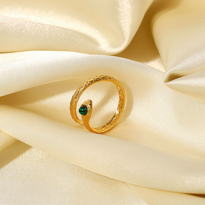 18k Gold Plated Stainless Steel Snake Charm Malachite Open Ring For Women Manufacturer