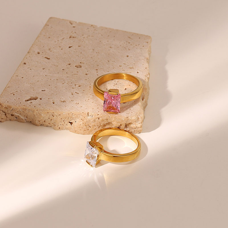 Rectangular Pink Zircon Stainless Steel 18k Gold Plated Ring For Women Manufacturer