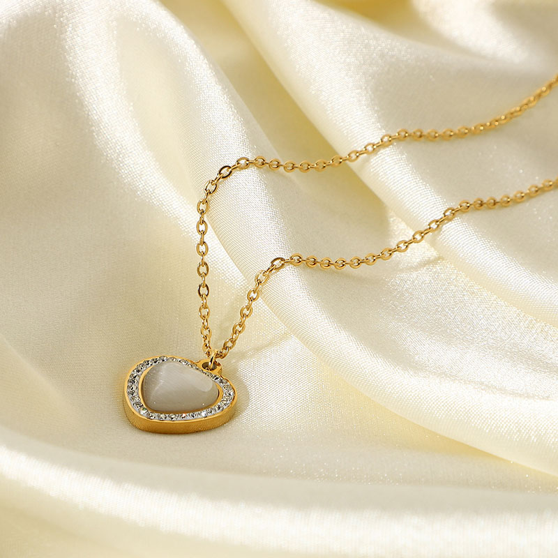 Wholesale 18k Cat's Eye Natural Stone Stainless Steel Gold Plated Clasp Chain Zirconia Heart Necklace