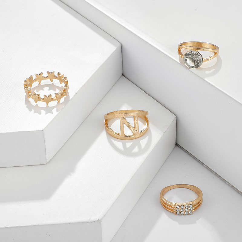 Fashion Hollow Zirconia Pentagram Ring Set Creative Letter N Star 4-piece Set Manufacturer