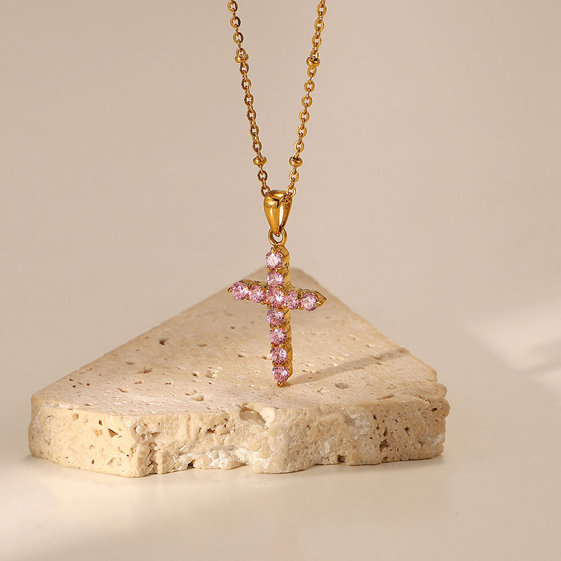 Wholesale 18k Gold Plated Stainless Steel Pink Zirconia Cross Pendant Necklace