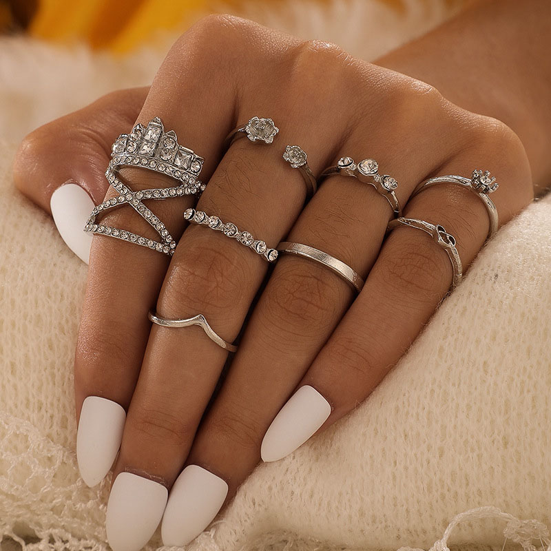 Wholesale Stacked Fashion Jewelry Silver With Diamonds Ring Set Of Eight Irregular Open Ring Set Vendors