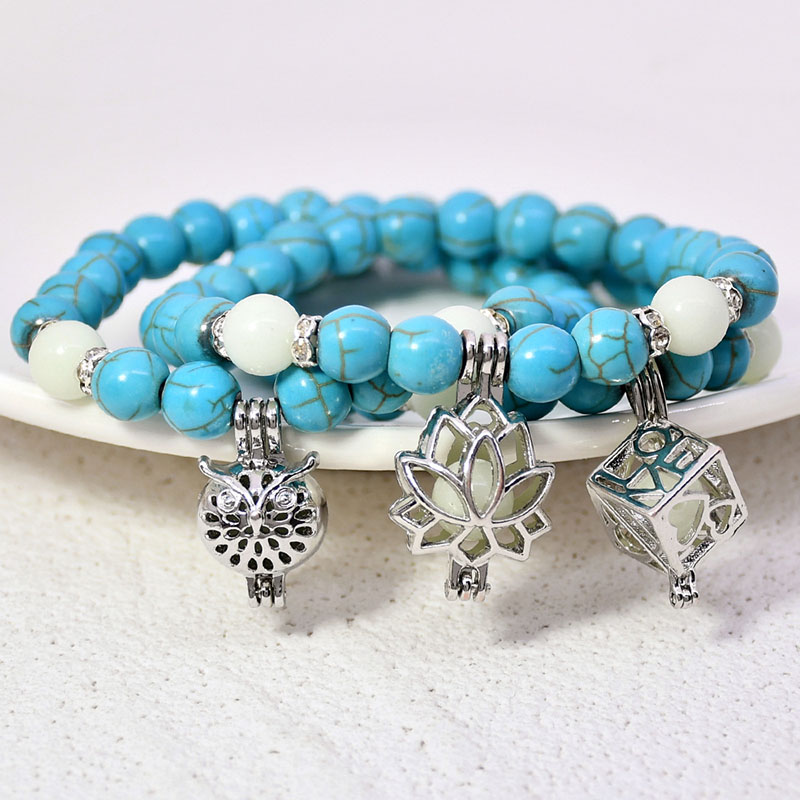 Retro Round Beads Turquoise Luminous Bracelet Female Ethnic Wind Flower Stretch Bracelet Beads Supplier