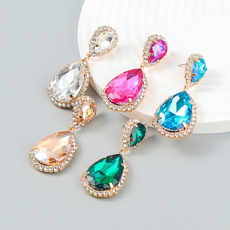 Wholesale Fashion Colored Diamond Series Multi-layer Teardrop-shaped Glass Diamond Stud Earrings