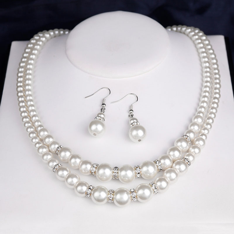 Fashionable Multi-layered Pearl Alloy Necklace And Earrings With Diamonds Two-piece Set Distributor