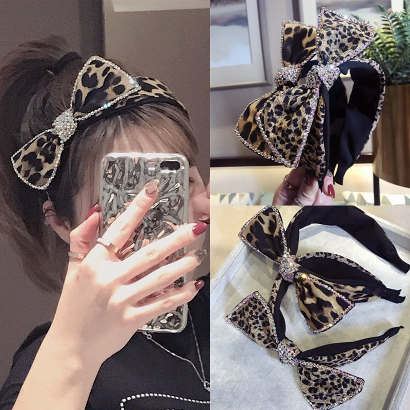 Leopard Print Rhinestone Super Flash Bow Wide Side Hair Band Supplier