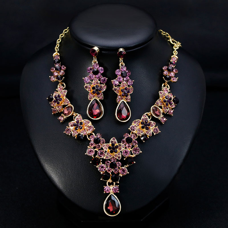 Fashionable Temperament Multi-color Crystal Bridal Necklace Earrings Set Of Two Manufacturer
