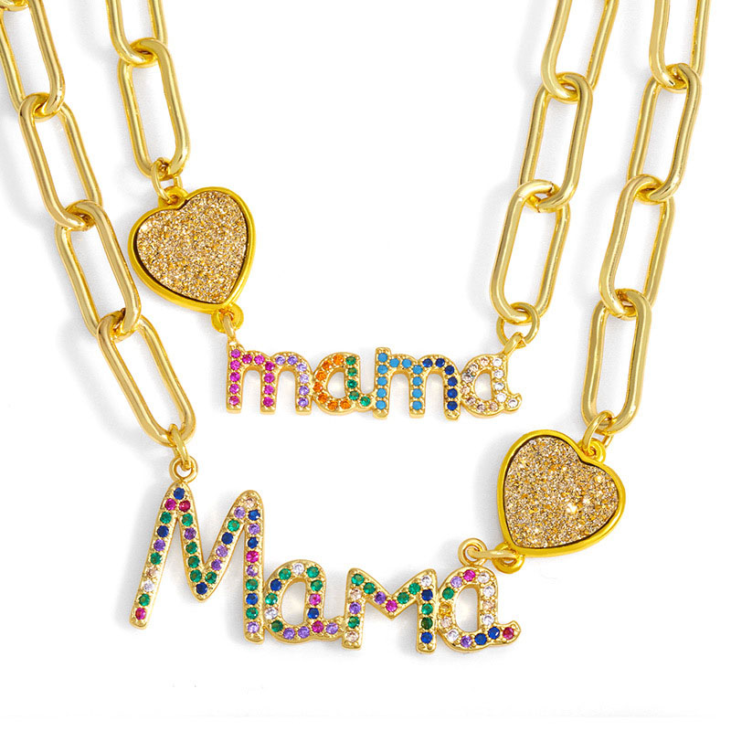 Wholesale Jewelry Necklace Mom Heart With Colored Diamonds Thick Chain Mother's Day