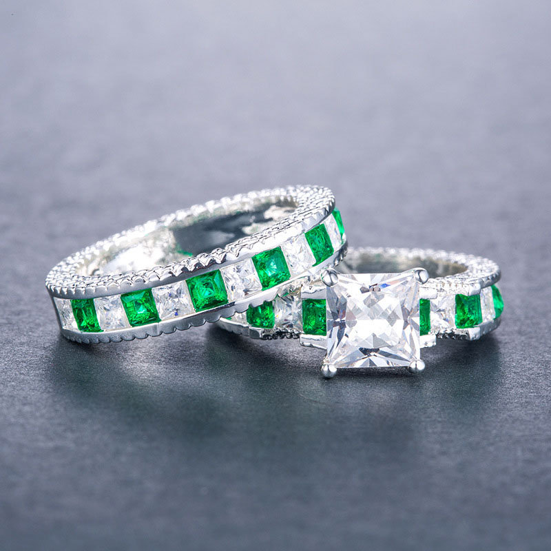 Fashion Ol Square Diamond Zirconia Copper Silver Plated Couple Ring Supplier