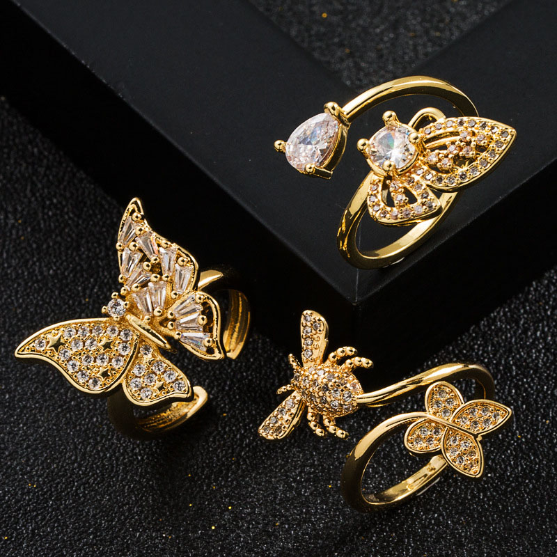 Copper Gold-plated Micro-set Zirconia Bee Butterfly Open Ring Trendy Supplier