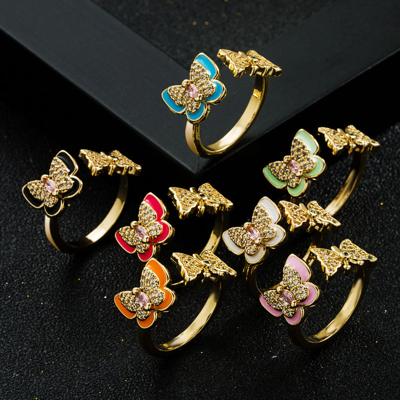 Fashion Copper Plated Gold Micro Zirconia Drip Oil Butterfly Ring Supplier