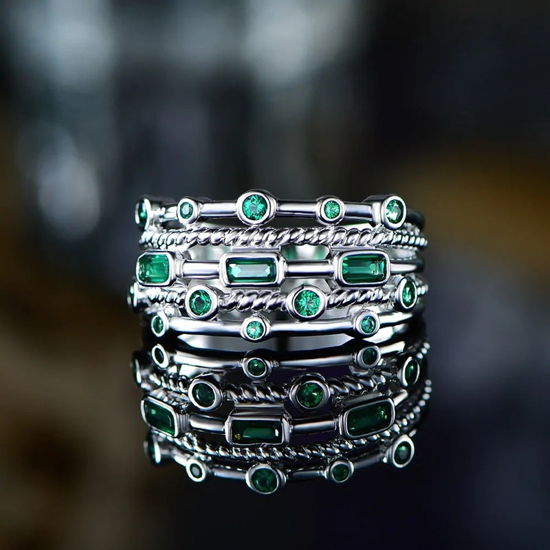 Wholesale Fashion Multi-layer Green Gemstone With Diamond Ring