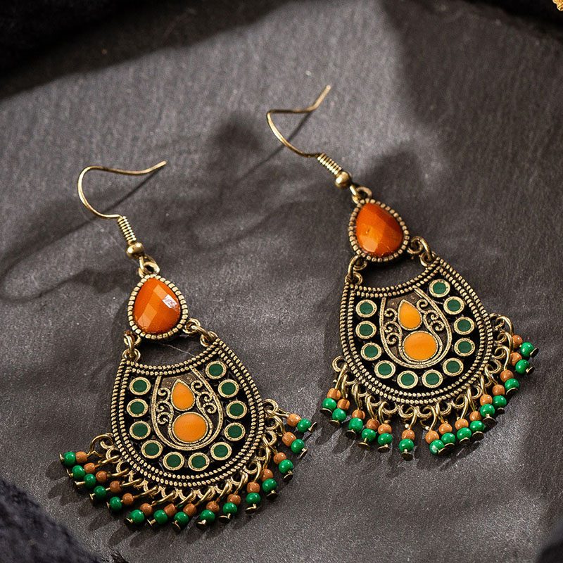 Bohemian Orange Rice Beads Alloy Drop Tassel Earrings Manufacturer
