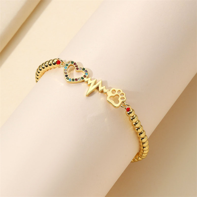 Colorful Zircon Love Heart Copper Beads Adjustable Telepathy Paw Print Bracelet Manufacturer