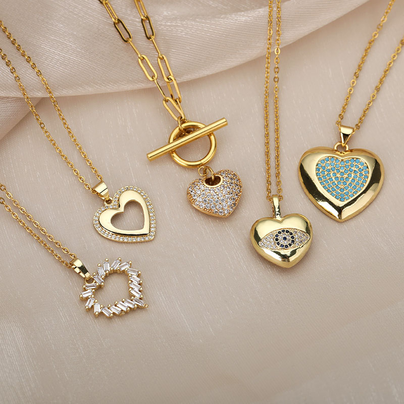 Wholesale Simple Love Necklace Zircon Ot Buckle Chain Heart Pendant