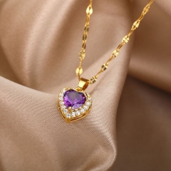 Wholesale Heart Shaped Purple Zirconia Pendant Collarbone Chain Necklace Valentine's Day Gift