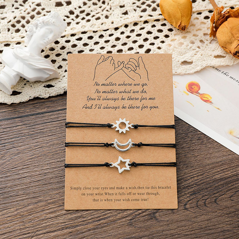 Wholesale Friendship Card Alloy Sun And Moon Star Wax Cord Braided Bracelet Set Of 3