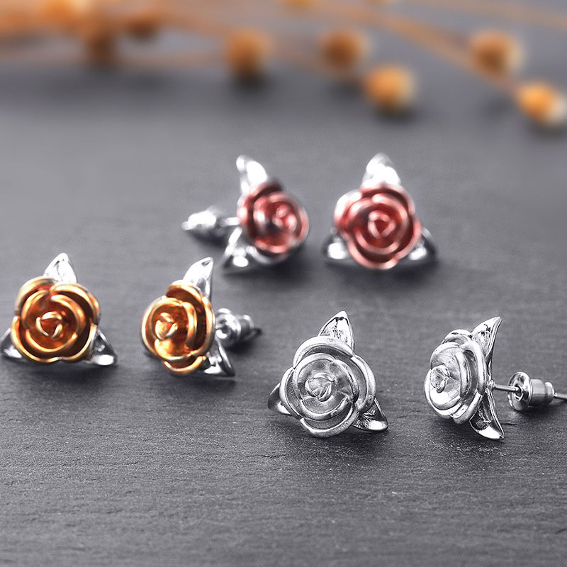 Wholesale Jewelry Three-dimensional Flower Earrings Two-color Rose Earrings