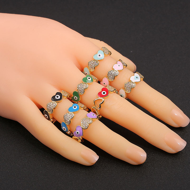 Popular Hand Jewelry Copper Inlaid Zirconia Heart-shaped Ring Evil Eye Design Finger Ring Manufacturer