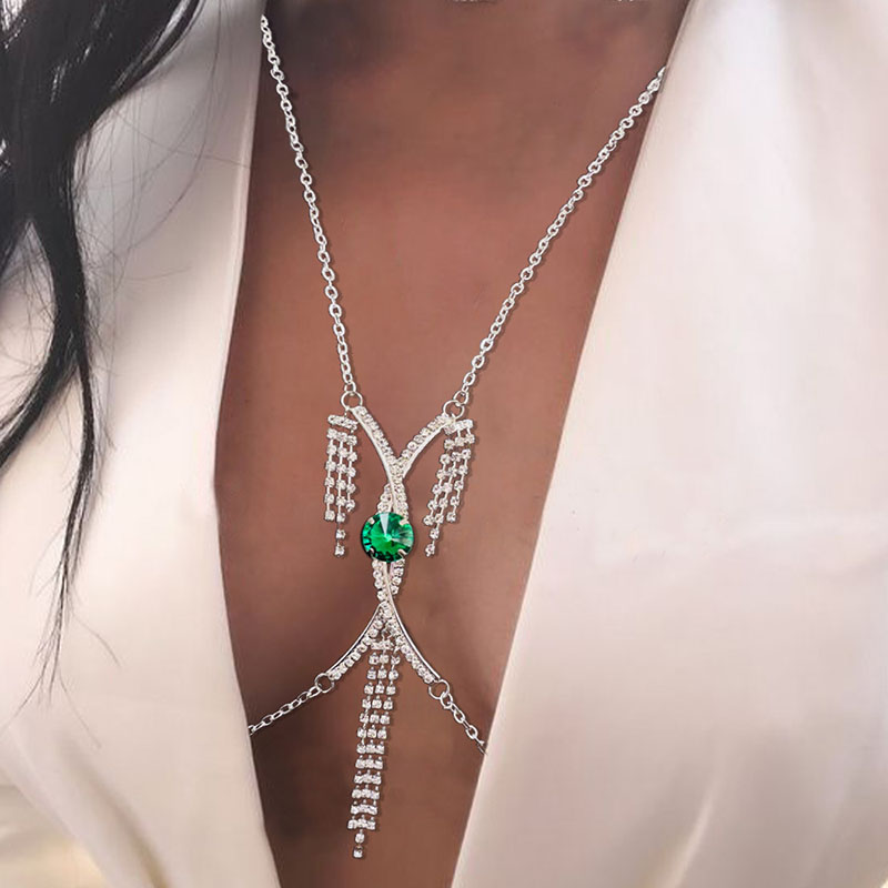 Sexy Cross Tassel Chest Support Nightclub Jewelry Emerald Rhinestone Body Chain Distributor