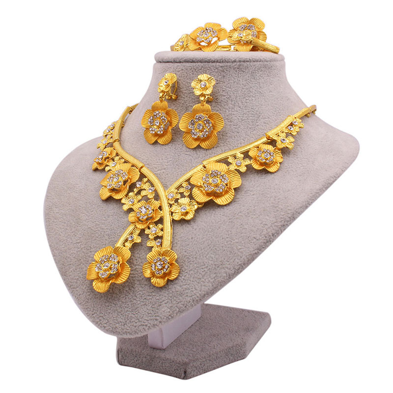 24k Gold Wedding Necklace Ring Earrings Bracelet Set Of Four Manufacturer