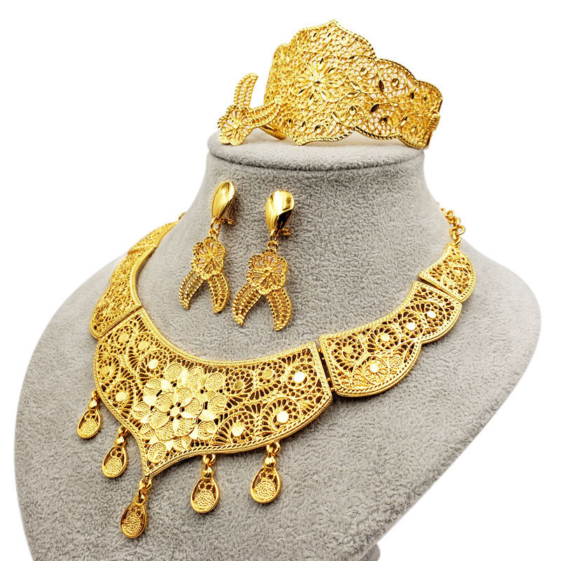 Bride 24k Gold Plated Necklace Earrings Ring Bracelet Set Of 4 Supplier