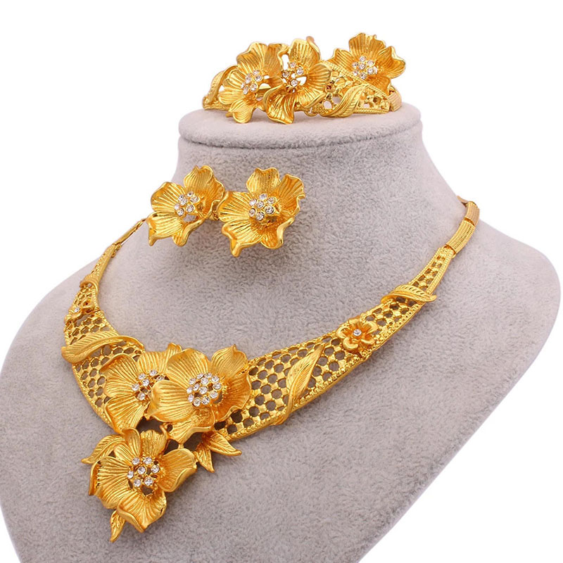 24k Gold Bridal Necklace Bracelet Earrings Ring Set Of Four Manufacturer