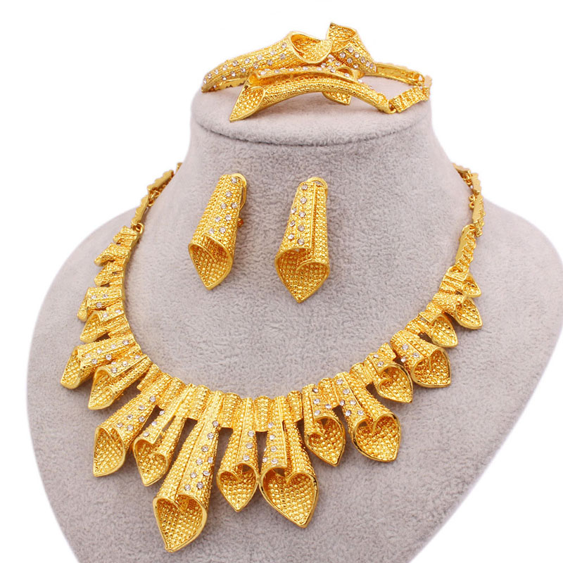 24k Gold Plated Necklace Earrings Ring Bracelet Bridal Four Piece Set Supplier