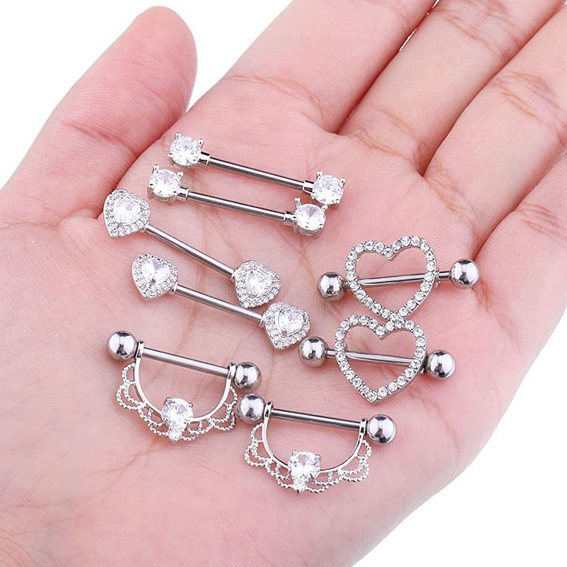 Wholesale Jewelry Heart Shaped Zirconia Nipple Ring Stainless Steel With Copper Peach Heart Nipple Studs Body Piercing