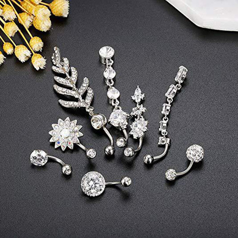 8-piece Stainless Steel Zirconia Silver Belly Button Ring Set Supplier